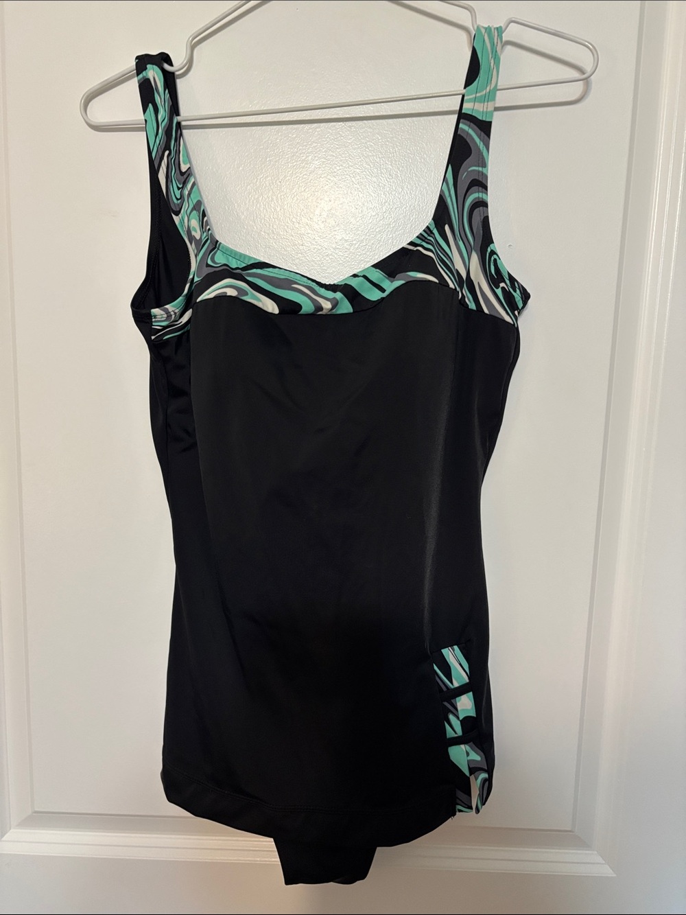 Black One-Piece Swimsuit with Teal Marble-Print Trim